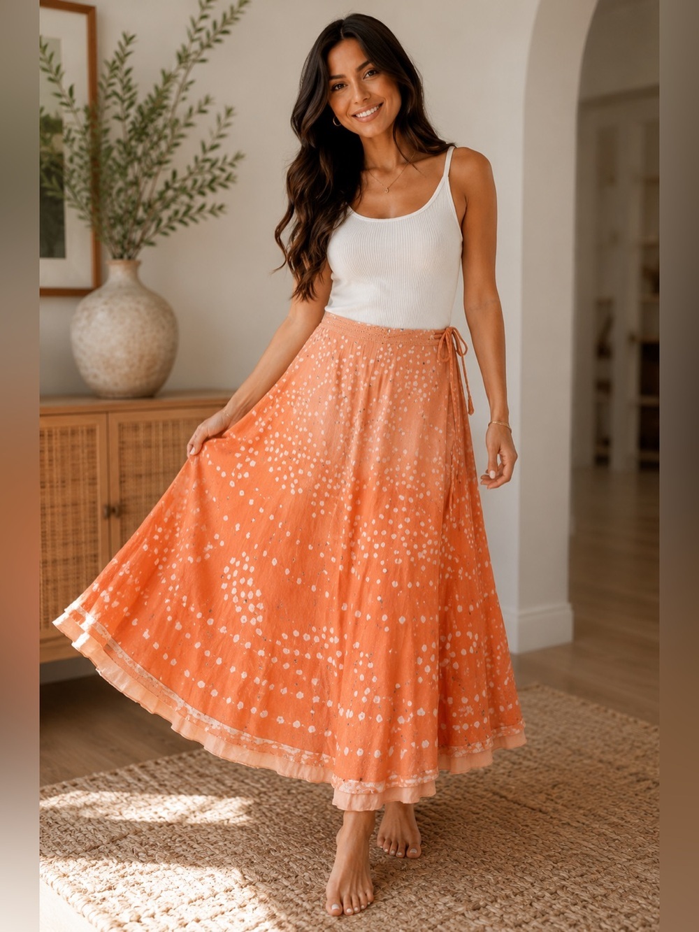 Xoxo Orange Sparkle Boho Chic Drawstring Skirt. Small
